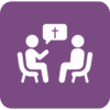Faith Based Support Icon showing a person in therapy session with conversation bubble holding cross