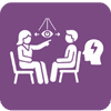 Trauma and PTSD recovery icon therapist and client sitting in chairs with therapist pointing to an eye in the middle of right and left arrows. Also shows a person's head with lightening bolt in brain showing healing