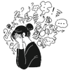 Mental Load Icon woman with face in hands with a bunch of thoughts showing
