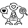 The Role of the EFT Therapist icon showing a couple with a therapist and icons for conversation, love and inspecting the brain