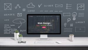 Picture of desktop computer on top of a desk with chalkboard in the background that has multiple different design images 